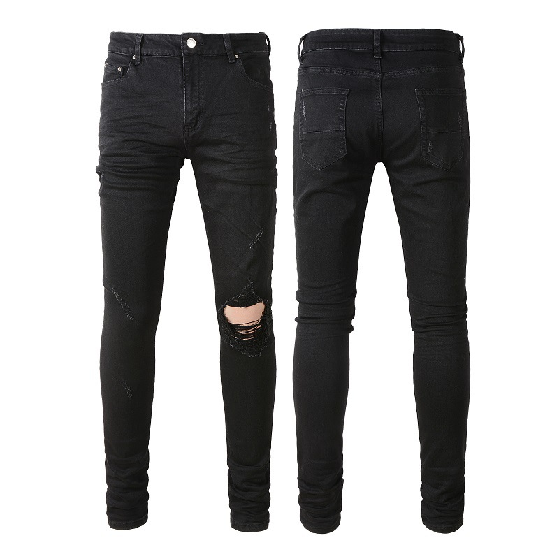 Suitable For All Seasons Trendy Black Distressed Patch Stretch Slim Fit Men's Jeans_voghion.com