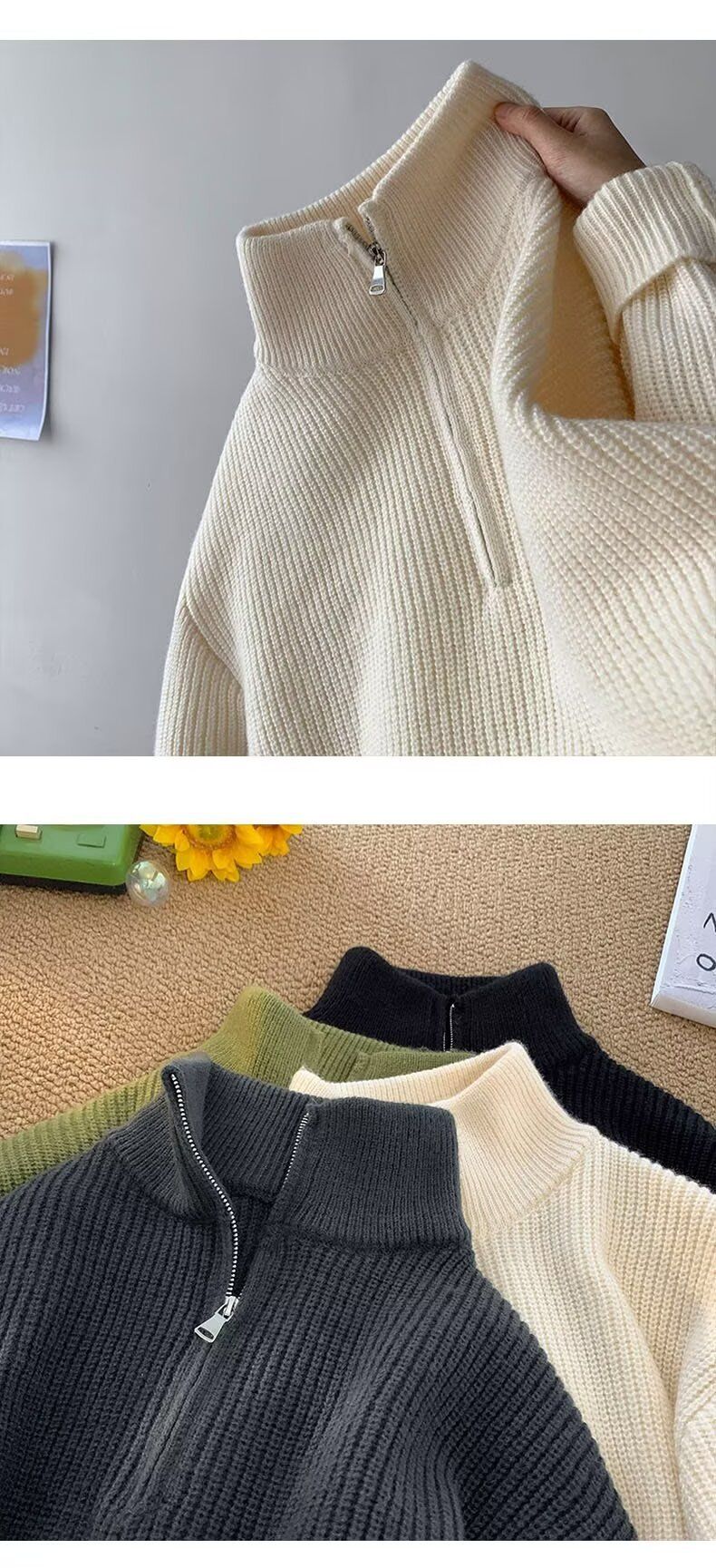 Maglione a collo alto con mezza zip, tinta unita, versatile, casual, casual, stile maschile_voghion.com