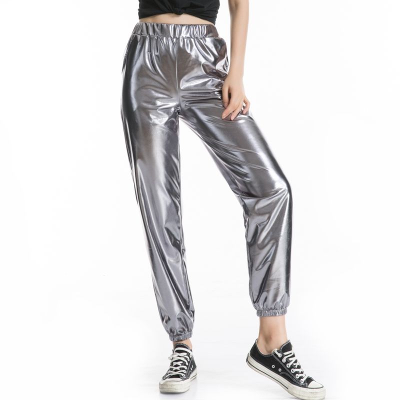 Heißer verkauf Glänzend Holographische Frauen Lose Hohe Taille Metallic Hosen Dance Performance Hip Hop Hosen Streetwear Jogger_voghion.com