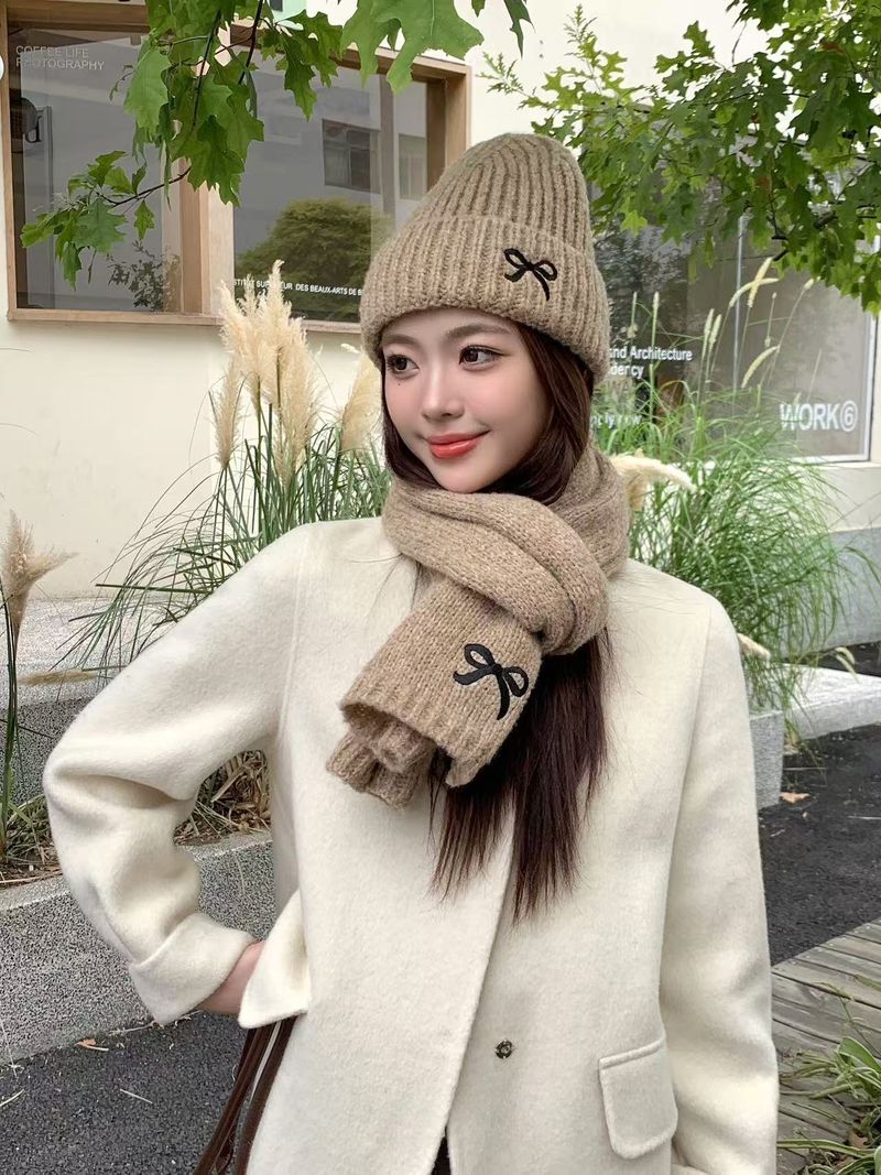 Sciarpa calda in lana lavorata a maglia con fiocco ricamato invernale da donna_voghion.com