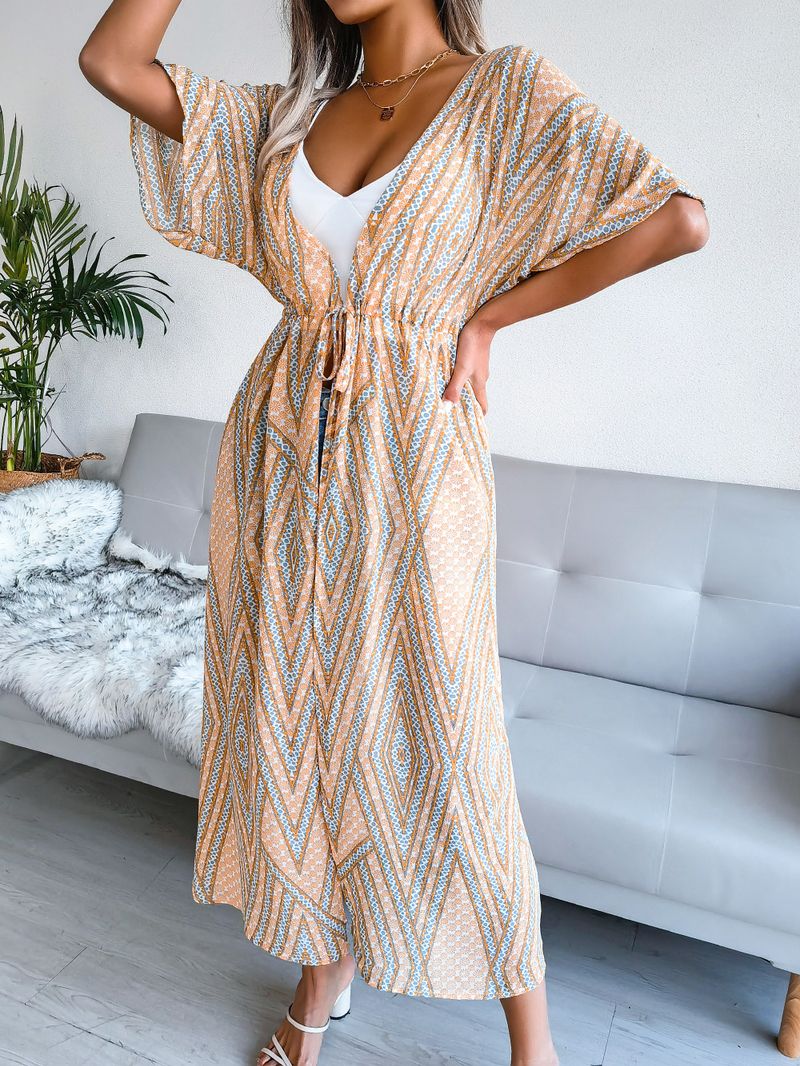 2022 Casual Tie Print Chiffon Cardigan Langes Sonnenschutzhemd Urlaub Strand Cover-Up_voghion.com