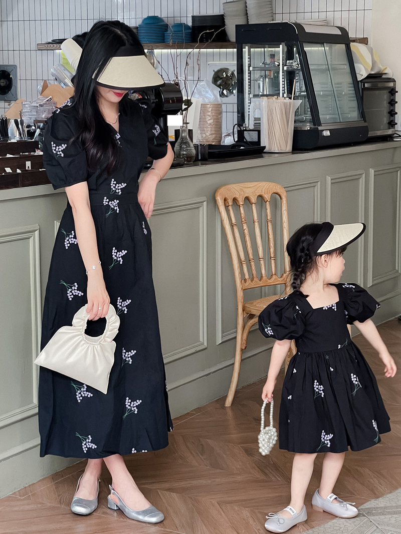 Mor & Barn Förälder-barn outfit kortärmad klänning mor och dotter broderi ren bomull smal snygg tjejkjol_voghion.com