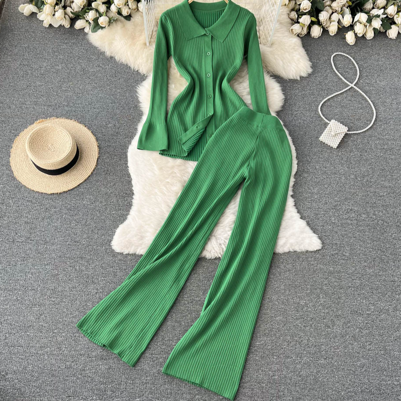 Damenbekleidung Modischer Strickanzug für Damen, grüner langärmeliger Reverspullover, Strickjacke, Hemd, hohe Taille, drapierte Hose mit weitem Bein, zweiteiliger Anzug_voghion.com