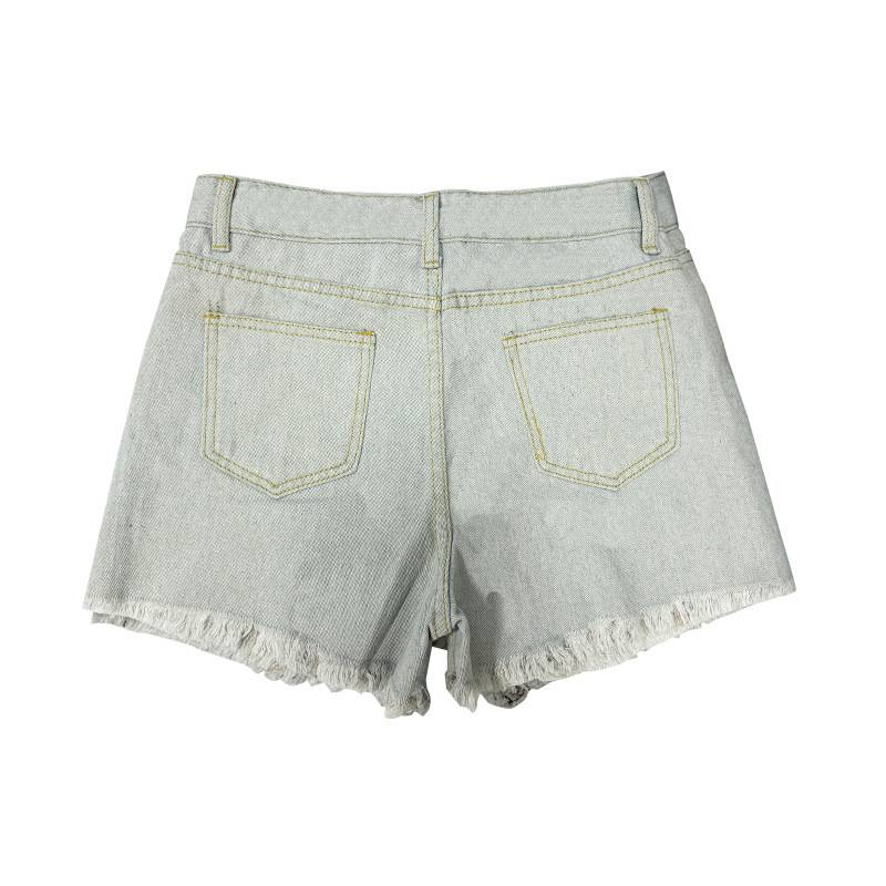 Short en jean déchiré taille haute pour femme, pantalon sexy et délavé avec pompons_voghion.com