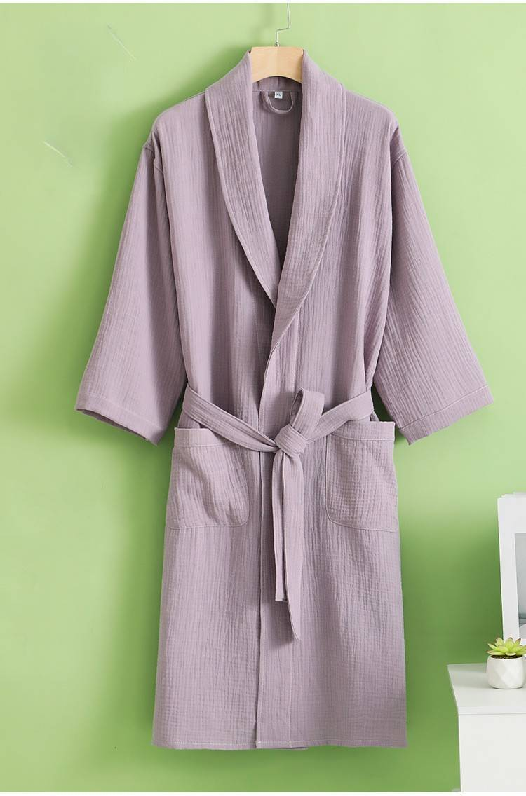 Summer Thin Bathrobe Double Layer Yarn Washed Cotton Adult Lapel Bathrobe Hotel Robe Absorbent Quick Drying Men And Women Pajamas_voghion.com
