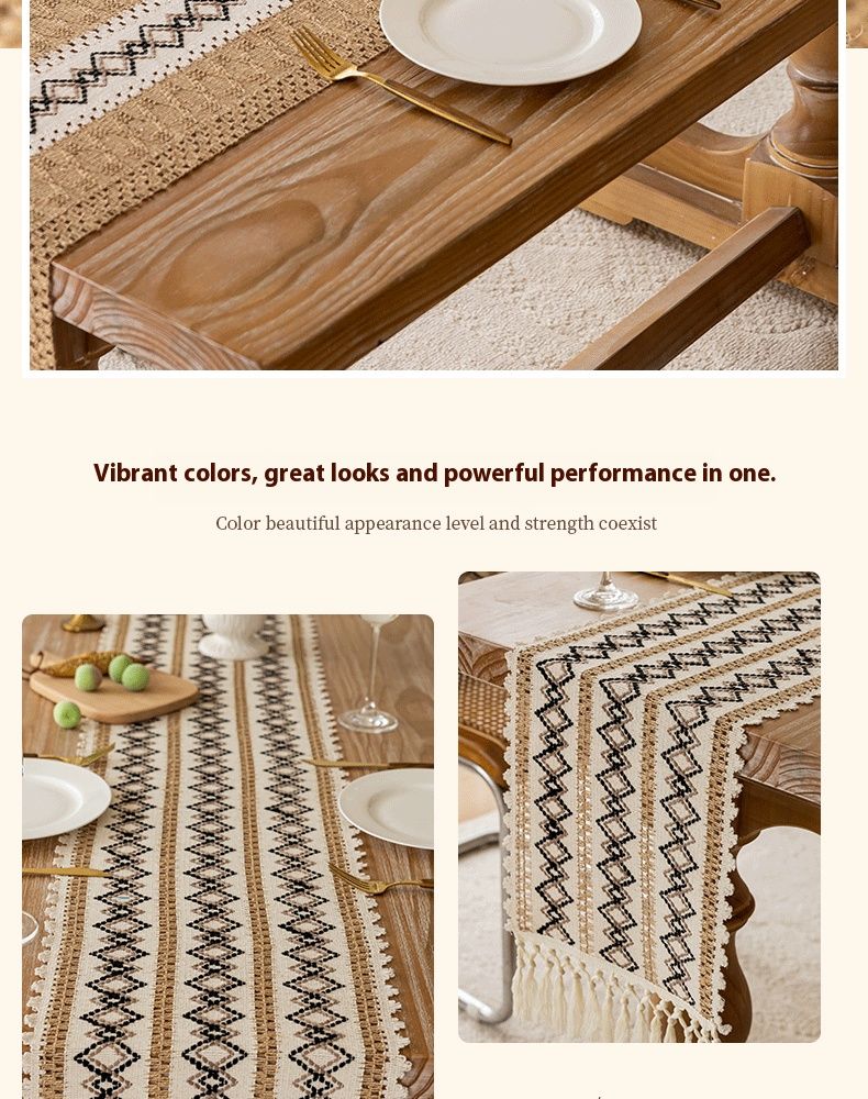 Tischläufer aus Leinen-Baumwolle – Schwarz & Beige, minimalistisches Dekor mit Quasten (33–273 cm, Streifen/Karos) für Ess- und Konsolentische_voghion.com