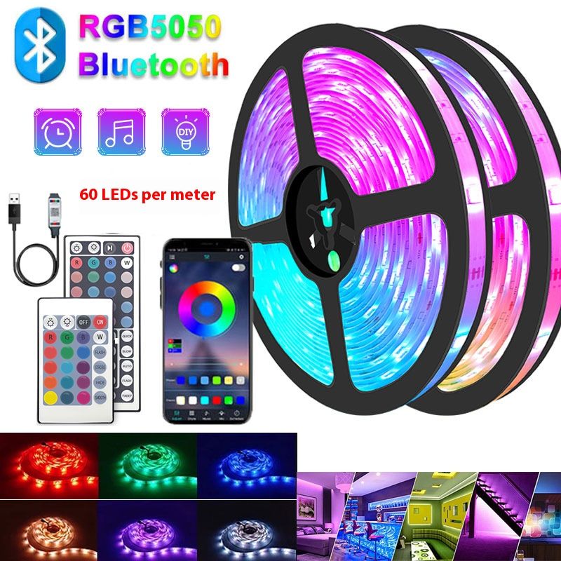 Tira de luces LED RGB de 5 V - SMD 5050, 60 LED/m, aplicación Bluetooth y control remoto, alimentación por USB, resistente al agua IP65, luz flexible_voghion.com