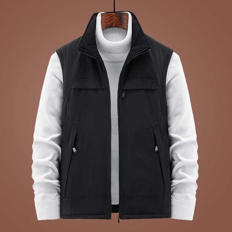 Colete masculino reversível com gola alta, jaqueta sem mangas forrada com lã, peça ideal para usar em camadas em atividades esportivas ao ar livre, com vários bolsos._voghion.com