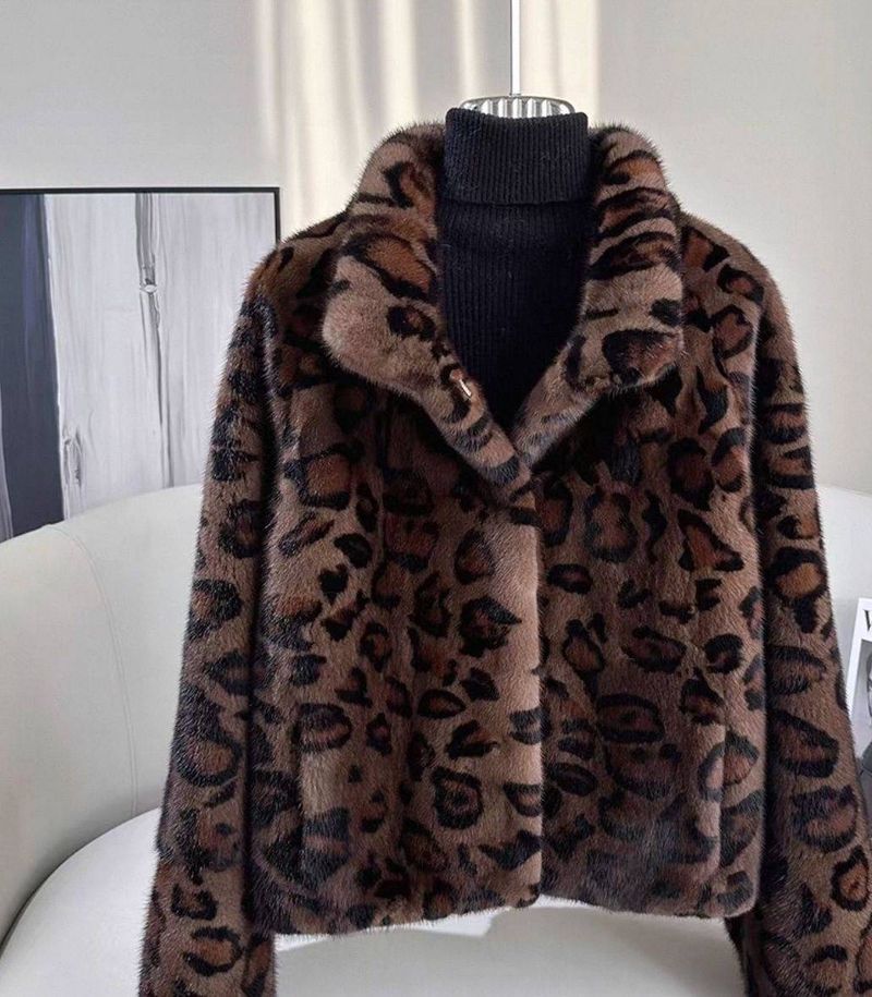 Women's Faux Mink Fur Coat – Leopard Print Short Jacket With Stand Collar, Winter Fashion Outerwear (S/M/L/XL)_voghion.com