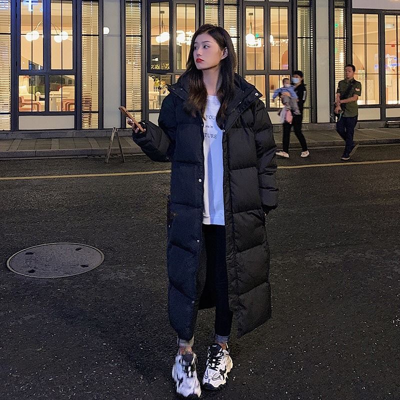 Oversized lange gewatteerde jas voor dames – Koreaanse stijl knielange winterjas met capuchon en diepe zakken (beige/zwart, grote maten beschikbaar)_voghion.com
