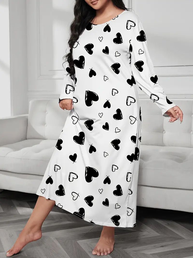 Damenbekleidung Langärmliges Nachthemdkleid mit Schmetterlings- und Herz-Leopardenmuster, überschnittener Schulter, großer Größe_voghion.com