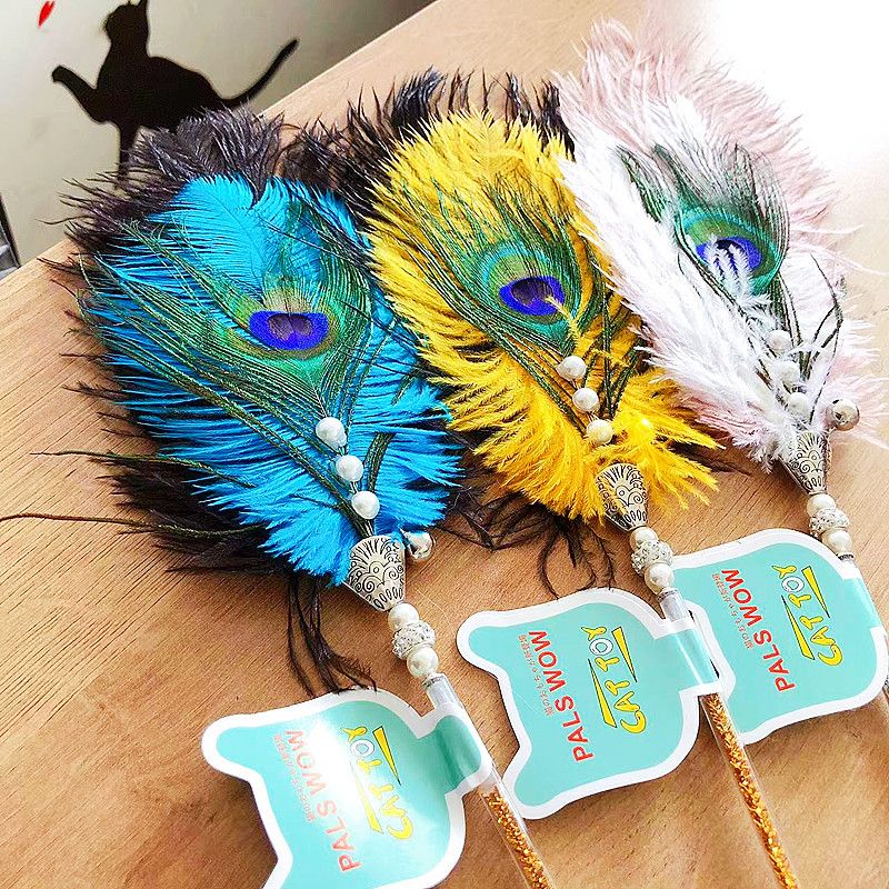 Nuevo juguete interactivo de lujo para gatos con plumas de avestruz y pavo real, varita con cascabel._voghion.com