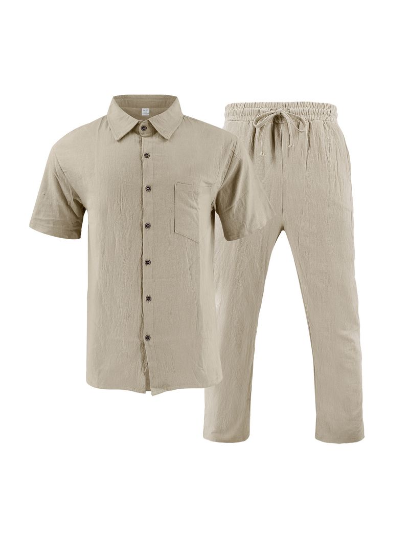 Set de cămașă și pantaloni scurți de plajă din in pentru bărbați, costum casual de vară cu mânecă scurtă_voghion.com