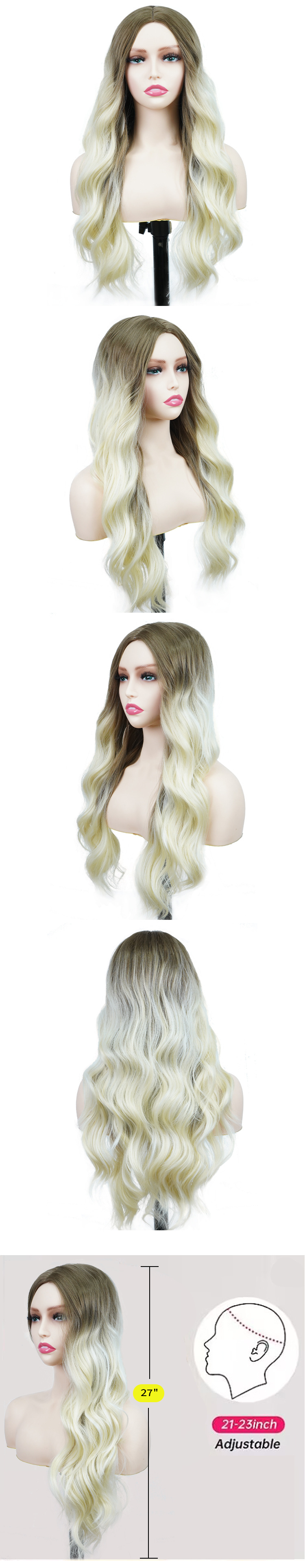 Synthetische Perücke mit Farbverlauf, langes lockiges Haar ohne Spitze, Ganzkopf-Perücken_voghion.com