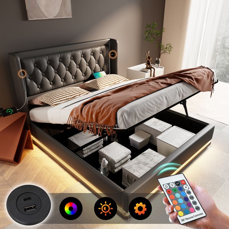 Lit double 160 x 200 cm, matelas en polyuréthane noir, lit coffre hydraulique avec chargement USB Type-C et éclairage LED sur 3 côtés, tête de lit rembourrée (matelas inclus)._voghion.com