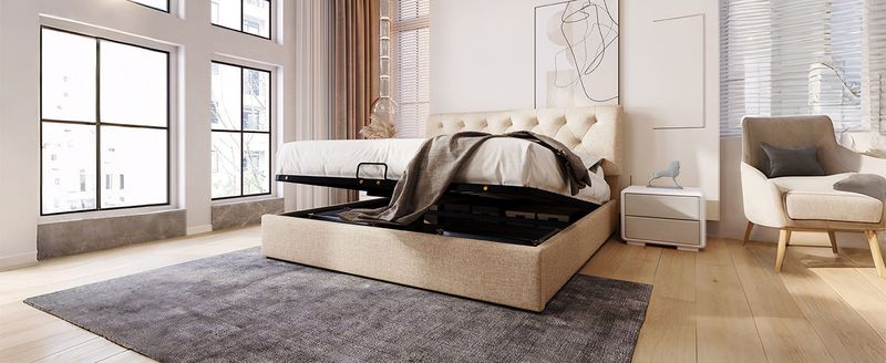 Lit double matelassé hydraulique 140 x 200 cm, tête de lit réglable, sommier à lattes métalliques, cadre de lit coffre moderne, couleur naturelle, sans matelas_voghion.com