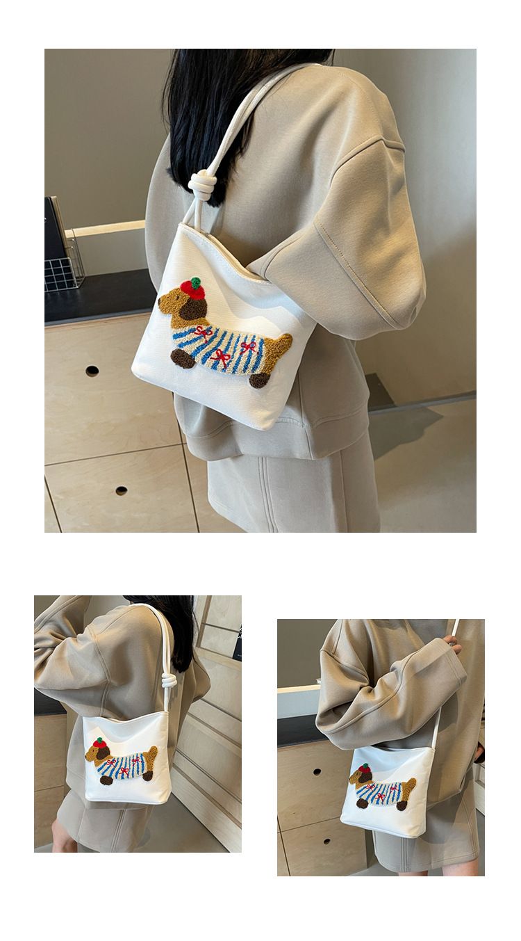 Niedlicher Welpe Canvas Eimer modische und vielseitige karierte Umhängetasche, koreanische Nischen-Cartoon-Handtasche_voghion.com