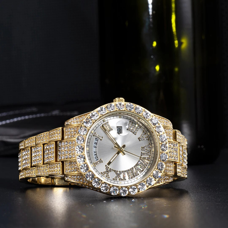 Neue Tag Datum Uhr Für Männer Top Gold Diamant Iced Out Männliche Reloj Leuchtende Bling Edelstahl Quarz Armbanduhr Geschenk_voghion.com