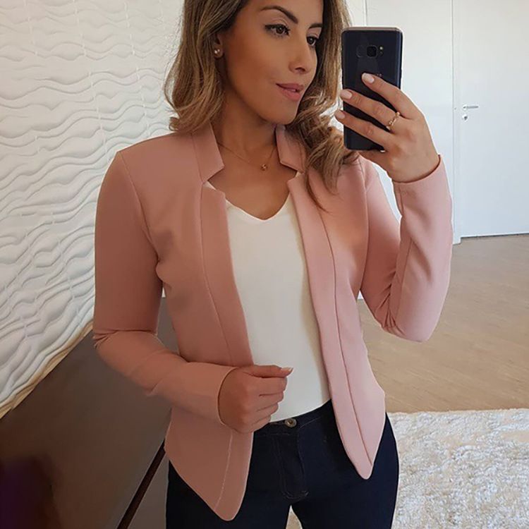 Moda feminina roupas tops cor sólida frente aberta jaqueta pequeno terno_voghion.com