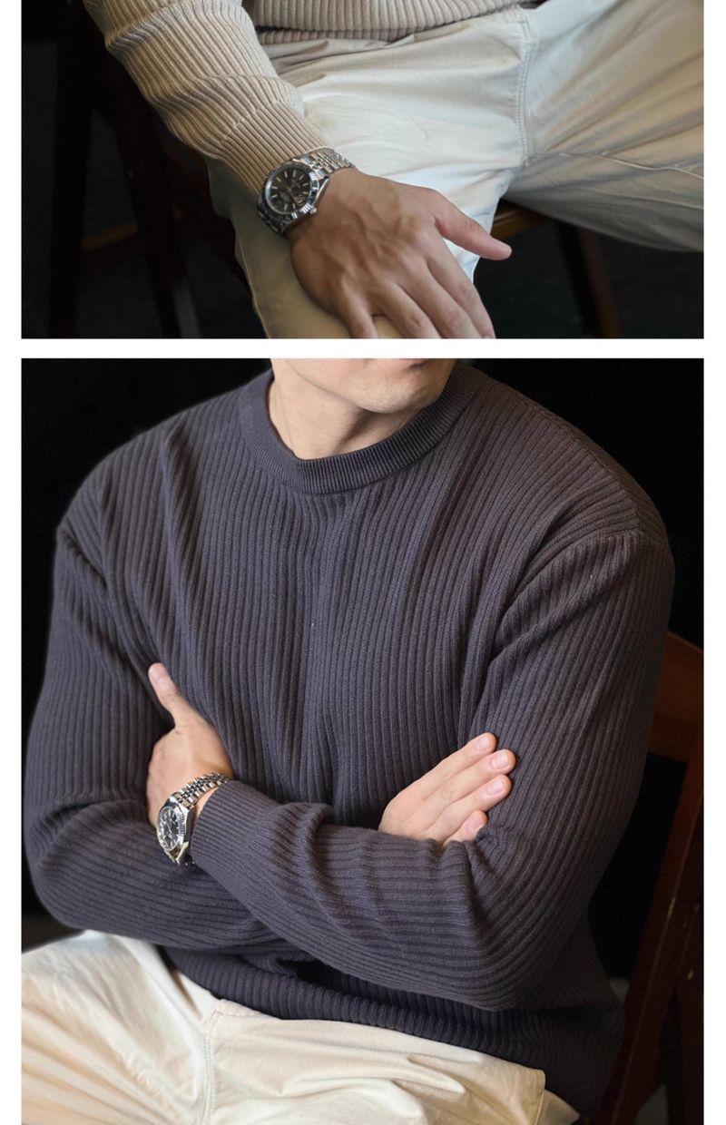 Men's Vertical Striped Knit Sweater - Casual Long Sleeve Crewneck Pullover For Autumn & Winter_voghion.com