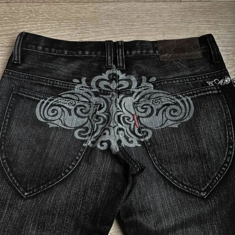 Gothic Punk Low-Rise Embroidered Flare Jeans For Men - Y2K Vintage Washed Denim Pants With 3D Embroidery, Dark Aesthetic Streetwear_voghion.com