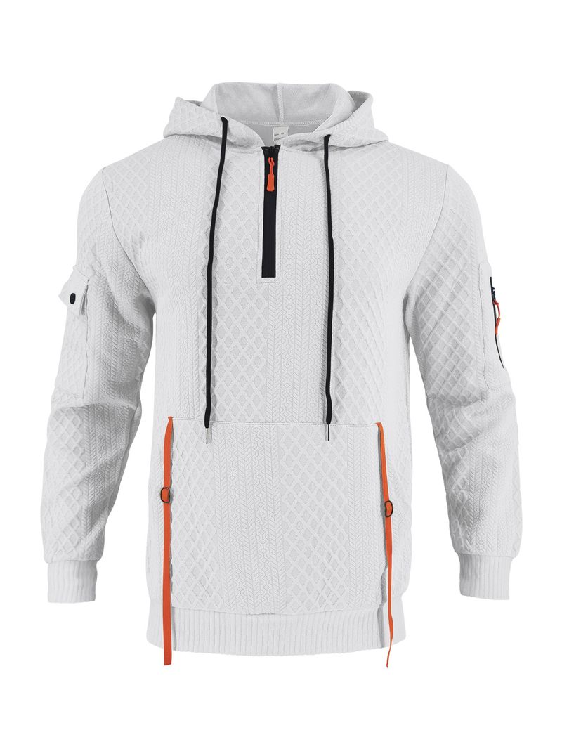 Herrenbekleidung – Kapuzenpullover mit Reißverschluss und Jacquard-Details – Streetwear-Pullover mit mehreren Taschen | Lässige Sportbekleidung in Weiß/Grau/Schwarz/Khaki/Armeegrün_voghion.com