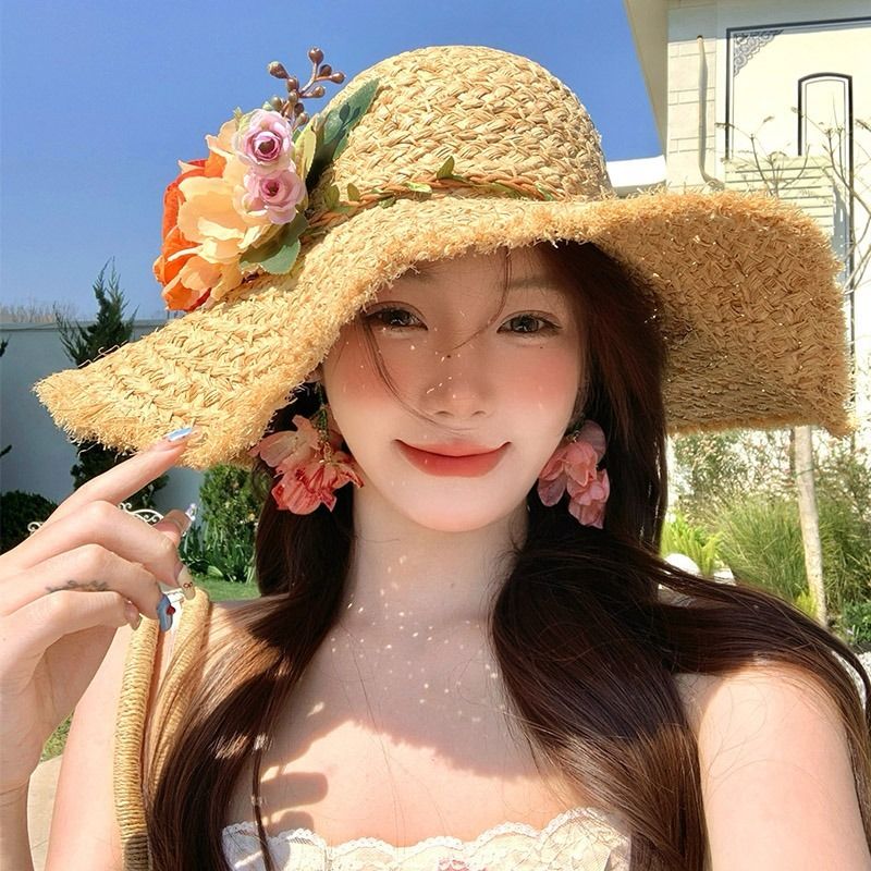 Women's Straw Summer Floral Beach Vacation Wide Brim Sun Hat_voghion.com