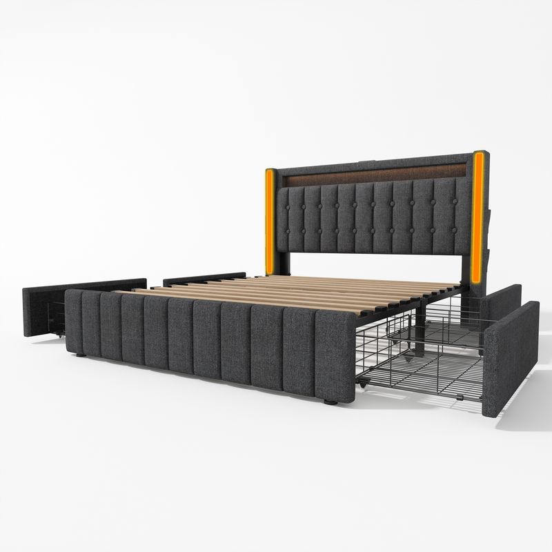 Lit double avec rangement et lattes en bois, chargement USB Type-C, éclairage LED et 4 tiroirs, gris (matelas non inclus). Lit enfant 140 x 200 cm._voghion.com