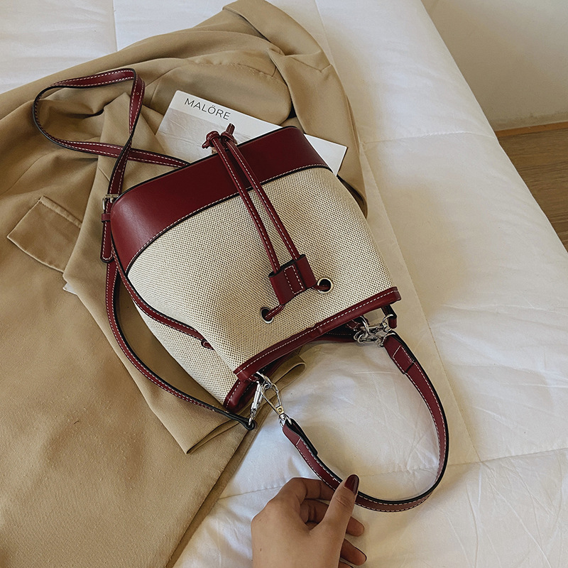 Bolsa feminina nova moda bolsa transversal oblíqua com cordão patchwork bolsa balde de lona_voghion.com