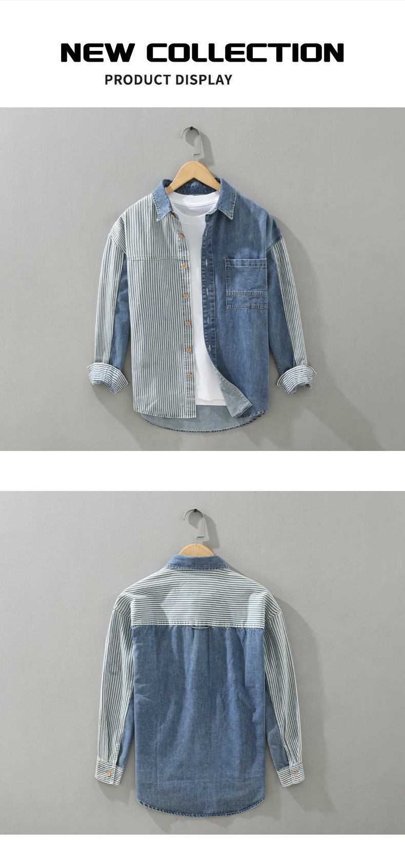 Abbigliamento uomo casual moda top larghi strisce verticali giunture camicia a maniche lunghe_voghion.com
