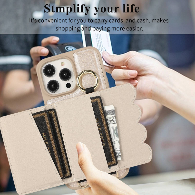 Custodia per telefono con slot per carte di credito e motivo a rosa per iPhone 15 Pro/14/13 - Custodia protettiva sottile in pelle PU con tracolla staccabile_voghion.com