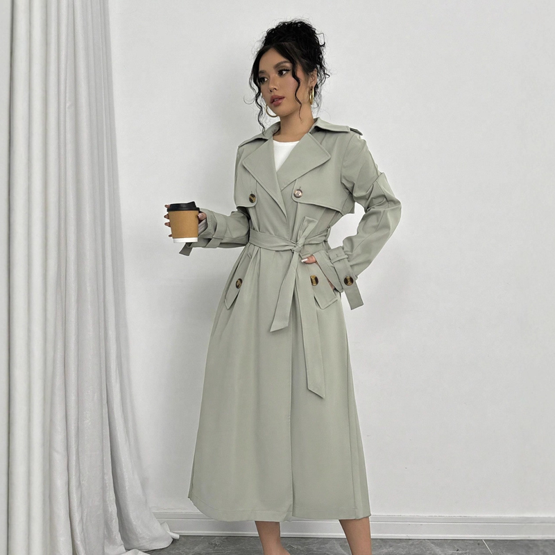 Norns Girl Women's Long Trench Coat – Korean-Inspired British Style Belted Overcoat With Stand Collar (Light Green, S-XL)_voghion.com