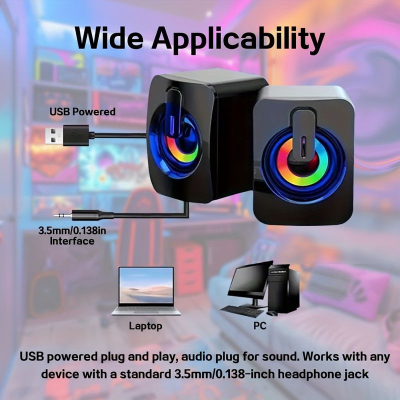 Haut-parleur d'ordinateur, haut-parleur stéréo HIFI, câble USB avec lumière LED, compatible avec PC, ordinateur portable, smartphone, téléviseur_voghion.com