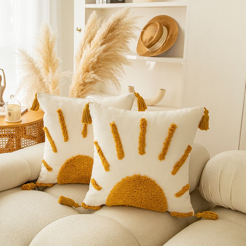 Cuscino decorativo Bohemian Gold Sun con nappe - Fodera per cuscino in ciniglia con motivo geometrico per divano, letto e arredamento per la casa_voghion.com