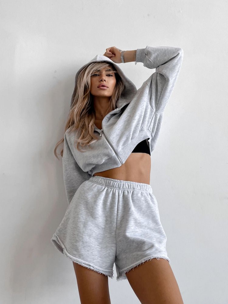 Casual Women's Solid Color Long Sleeved Hooded Cardigan Sweatshirt Fashionable Shorts Two-piece Set_voghion.com