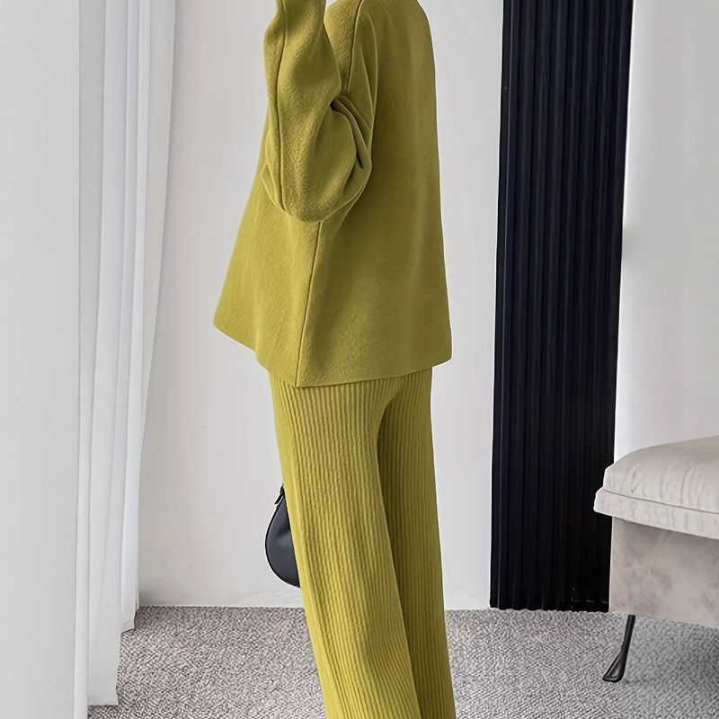 Women's Clothing Elegant Cross-Knit Sweater & Pants Set – Stylish Autumn Winter Outfit In V-Neck & Loose Fit, Soft Viscose Blend Fabric, Green Casual_voghion.com