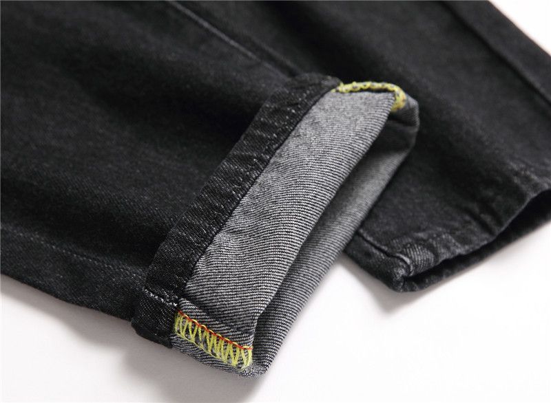 Men's Clothing Stock Summer Black Casual Youth Trousers Non Elastic Mid Waist Multi Hole Straight Jeans_voghion.com