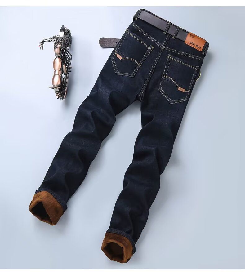 Herrenjeans mit Fleecefutter und geradem Bein – warme, lässige Jeanshose für den Winter mit bequemem Stretch und klassischer Waschung (Schwarz/Blau)_voghion.com