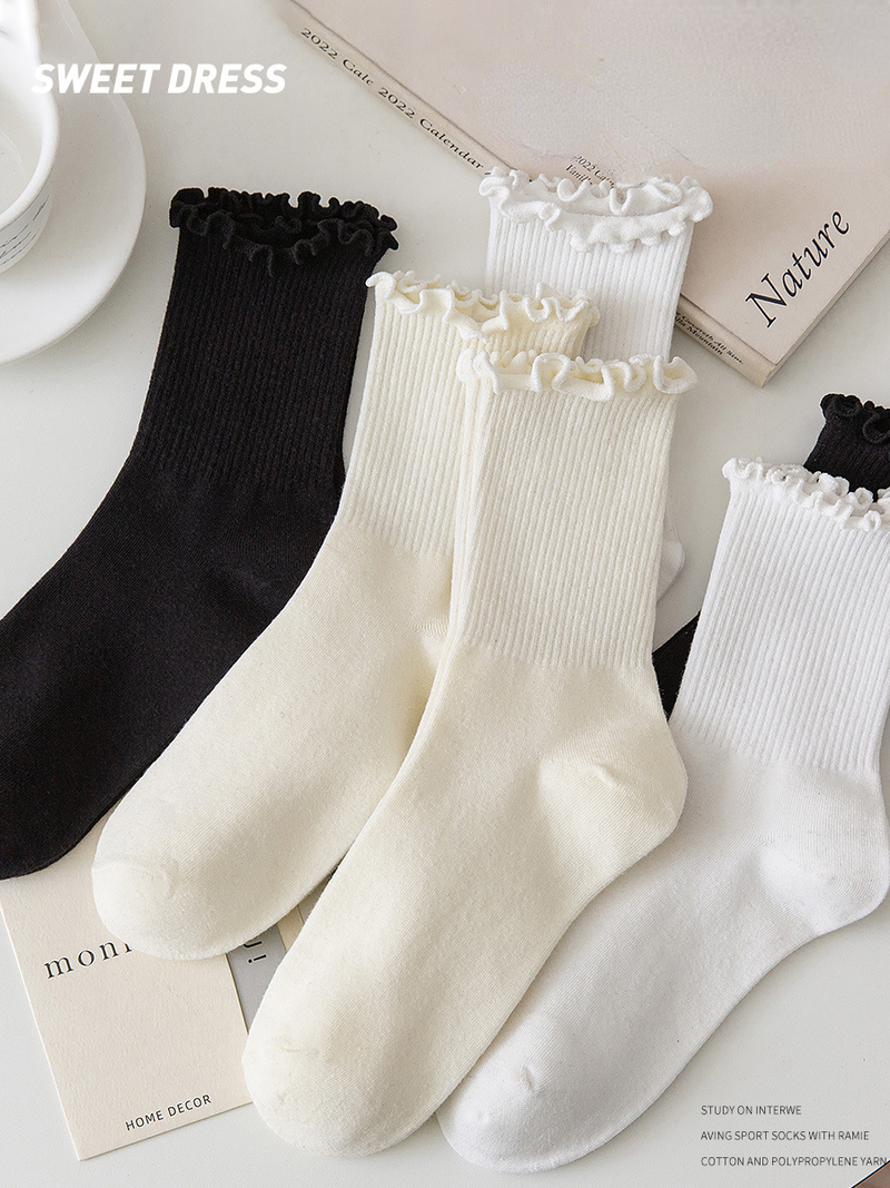 Ruffle Socks for Women 5pair /Lot Mid Crew Middles Tube Ankle High Breathable Black White Calcetines Female Spring_voghion.com