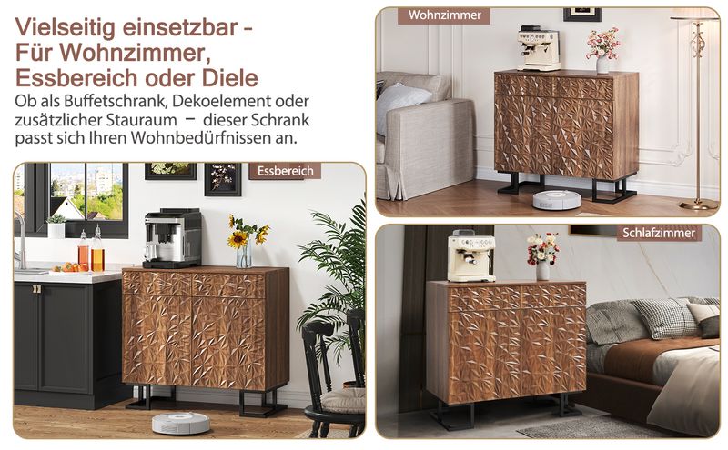 Credenza Kommode 80x78cm Walnussoptik Mit Blattrelief, 2 Schubladen & 2 Türen, Metallbeine_voghion.com