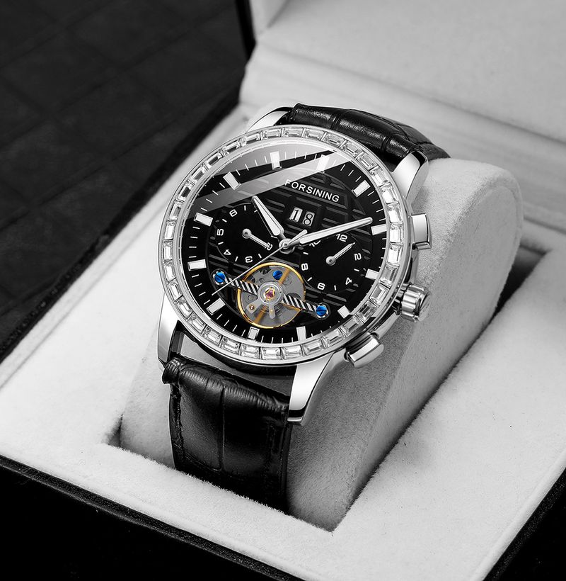 Forsining Tourbillon Automatic Mechanical Watch Date Window Luminous Hands Genuine Leather Strap Couple Gift Watch For Love 3ATM_voghion.com