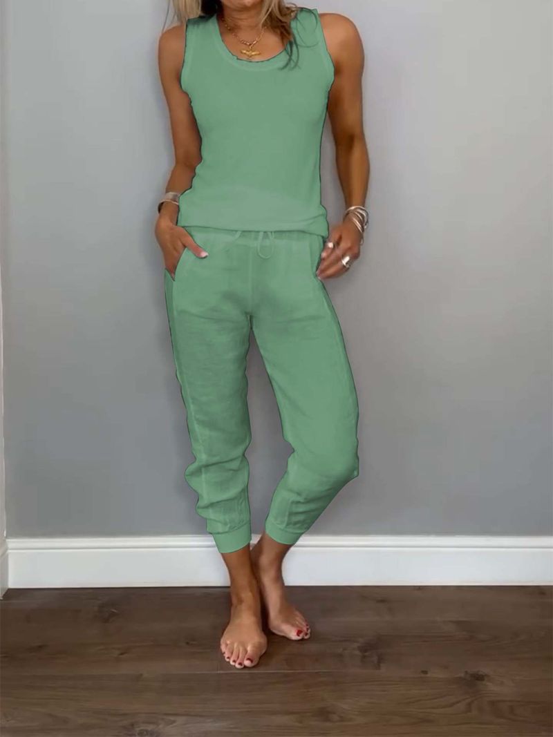 Women's Clothing Summer And Autumn Cotton And Linen Vest Drawstring Casual Pants Set_voghion.com