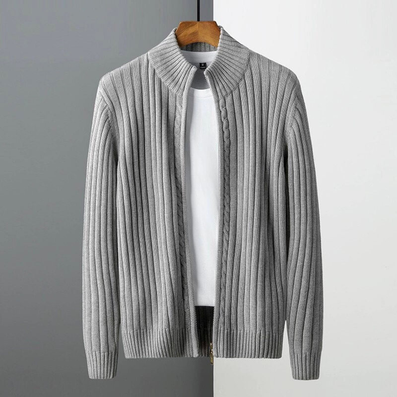Men's Chunky Knit Cardigan With Zipper - High Collar Casual Sweater For Autumn & Winter, Stretchy & Machine Washable, Trendy Cable Knit Design_voghion.com