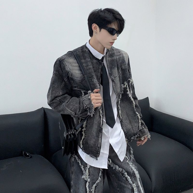Herrenbekleidung New Style Niche Tie Dye Washed Old Denim Anzug Raw Edge Stitching Flared Jeans Jacke Trend_voghion.com