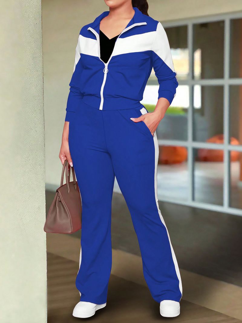 Spring Autumn Women's Fashionable Comfortable Color-Block Sports Style Zipper Jacket And Casual Long Pants Two-Piece Set_voghion.com