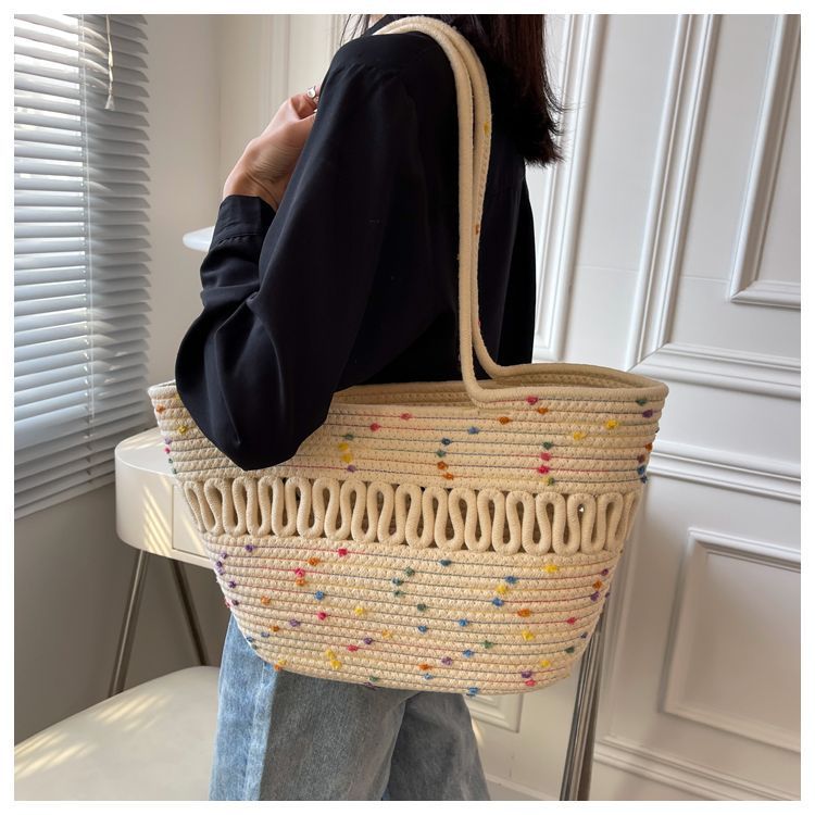 Borsa da spiaggia estiva in paglia stile francese, con tracolla singola, in cotone intrecciato, nuova e capiente, per le donne_voghion.com