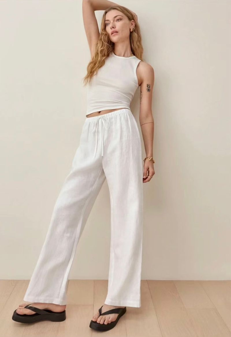 Breathable Linen High-Waisted Wide-Leg Pants For Women – Relaxed Fit Summer Trousers With Drawstring Waist_voghion.com