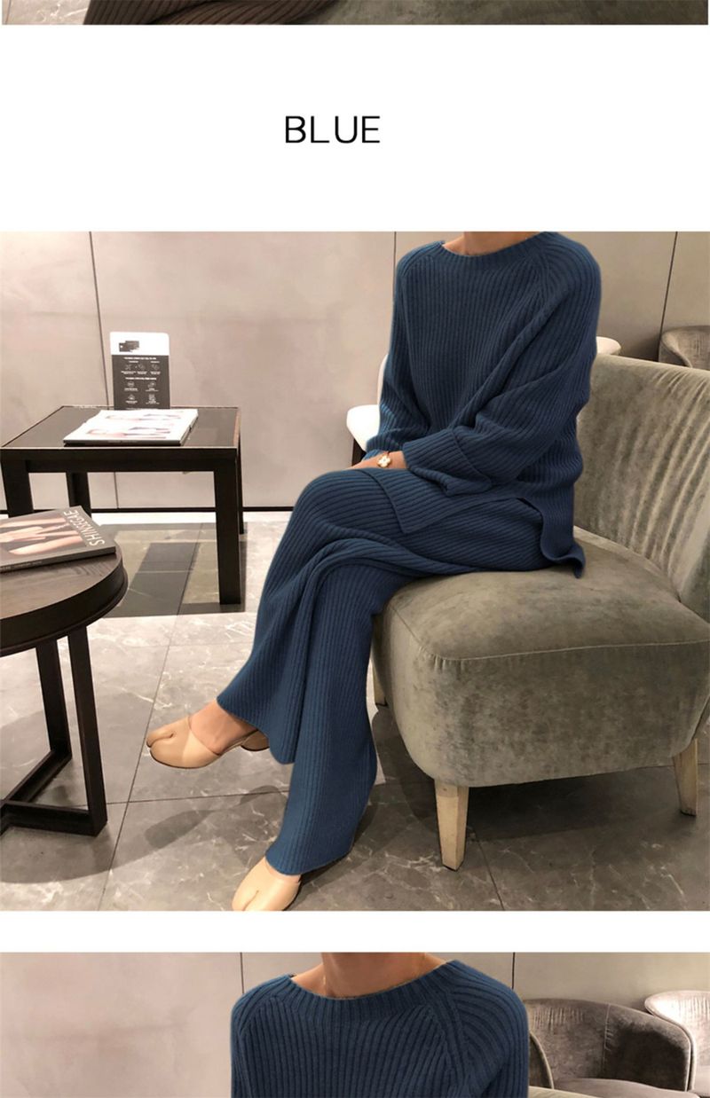 Completo elegante con maglione invernale da donna: pullover ampio in maglia e pantaloni a gamba larga (colori a tinta unita, taglia unica)_voghion.com