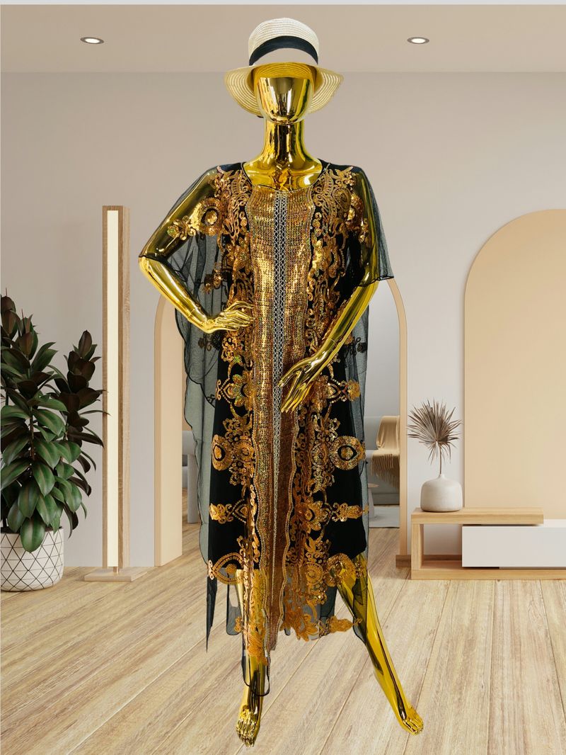 Large Size Chiffon Elegant Temperament Sequined Shawl Dress Traditional Ethnic Style Clothing_voghion.com