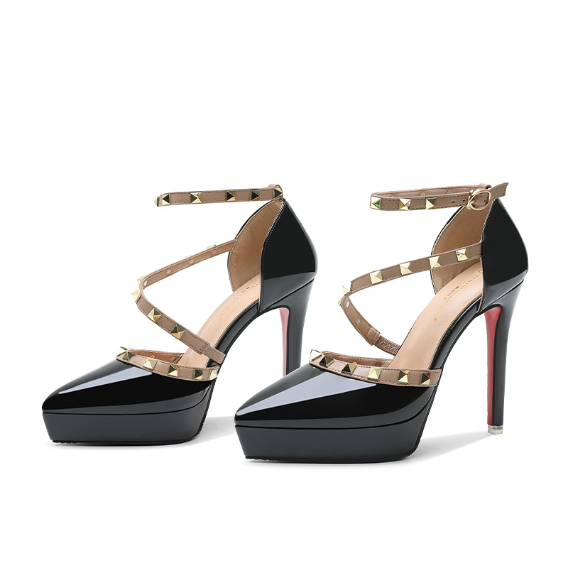 9626-1 High Heels für Damen, Stilettos, wasserdichte Plattform, Nieten-Einzelschuhe, Lackleder, sexy Damenschuhe, grenzüberschreitende Versorgung_voghion.com